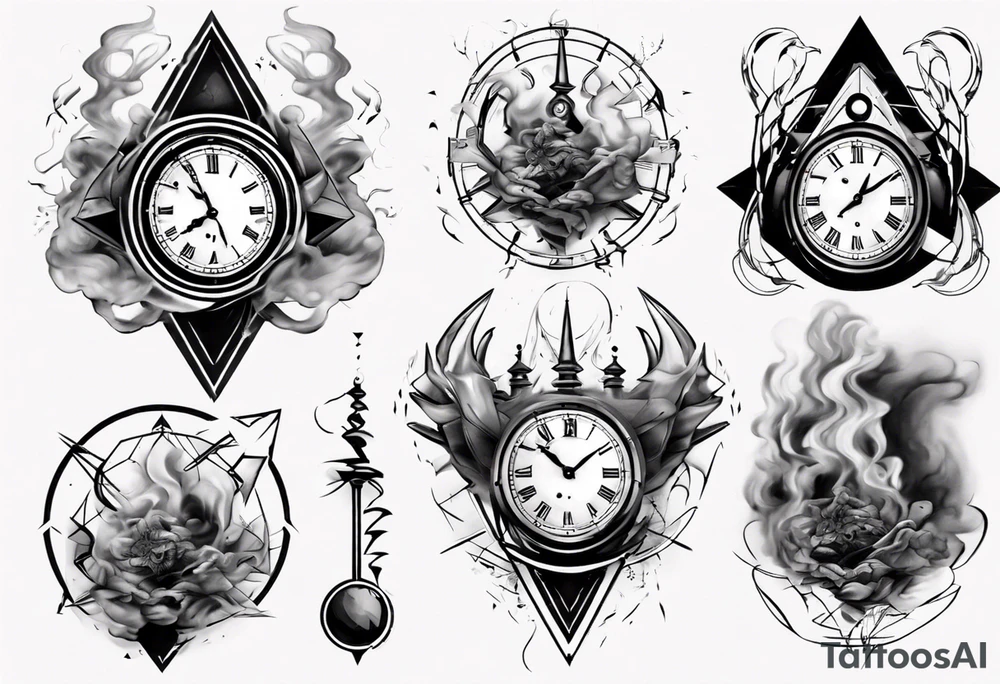 Geometric broken clock surrounded by smoke tattoo idea