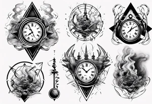Geometric broken clock surrounded by smoke tattoo idea
