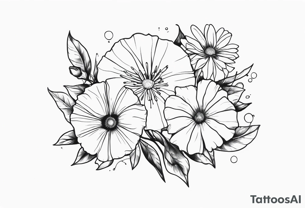morning glory, and aster flower bouquet tattoo idea