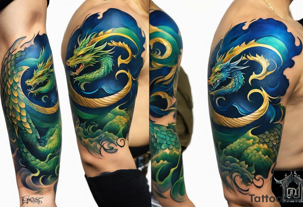 Semirealistic Tattoo: An epic with no wings floating. Its body coiling dynamically, with scales and horns detailed to create a sense of movement and strength. The dragon's main color is dark blue but features accents in green, blue, and gold, giving a vibrant depth and a mystical aura. This tattoo highlights the dragon’s fierce expression and sharp claws as it wraps protectively around the leg. Style: Semi-realism tattoo idea
