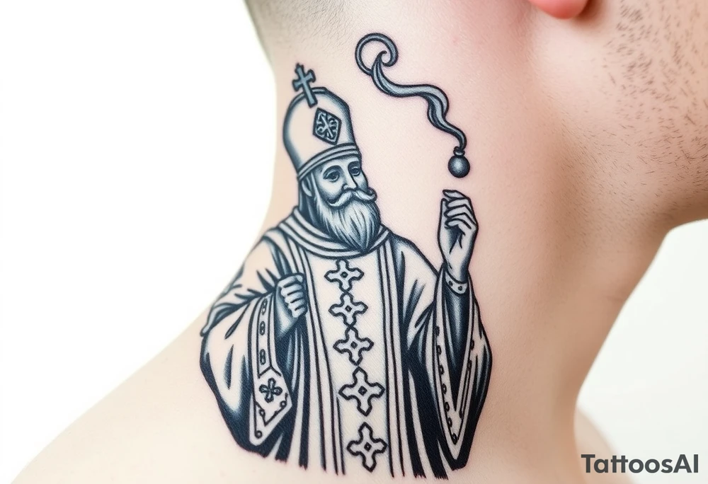 Russian Orthodox Priest in fully detailed vestment swinging a censer with smoke curling upward tattoo idea