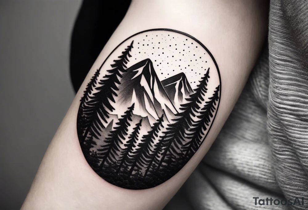 small circle shape trees mountain tattoo idea