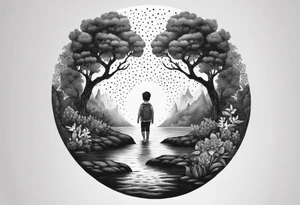 a small boy entering a portal to a fantasy world filled with nature tattoo idea