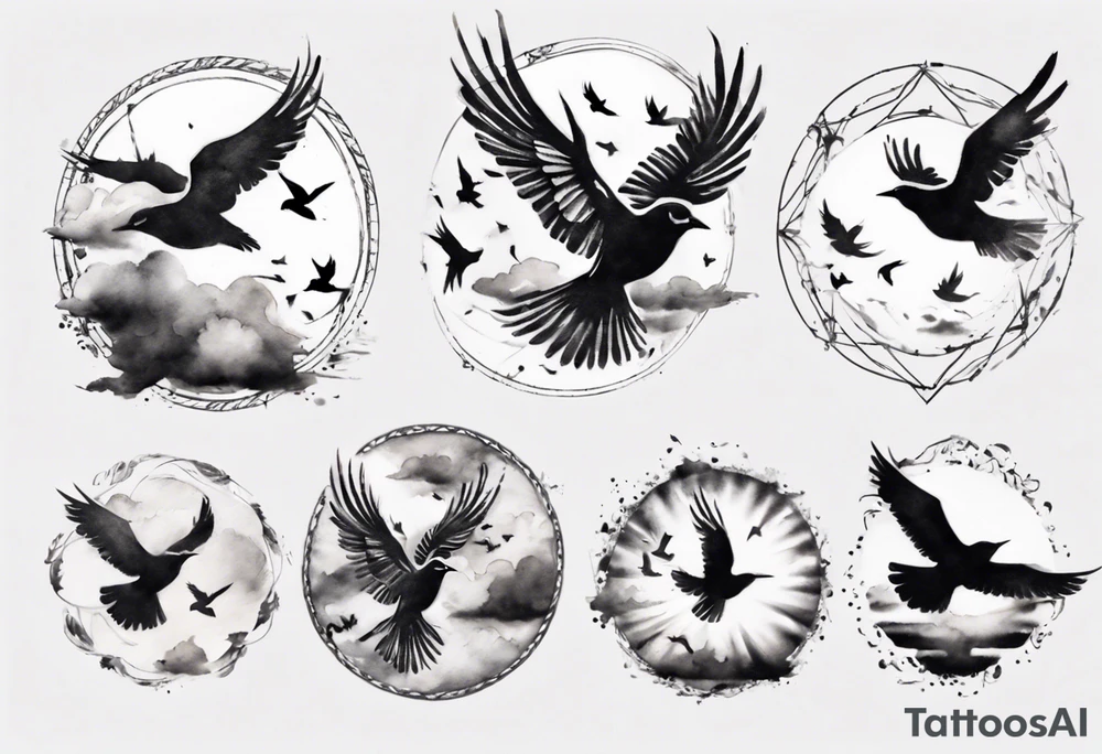 shoulder tattoo with light rays with birds flying free among the clouds, round shape, 3d effect tattoo idea shoulder tattoo with light rays with birds flying free among the clouds, round shape, 3d effect tattoo idea