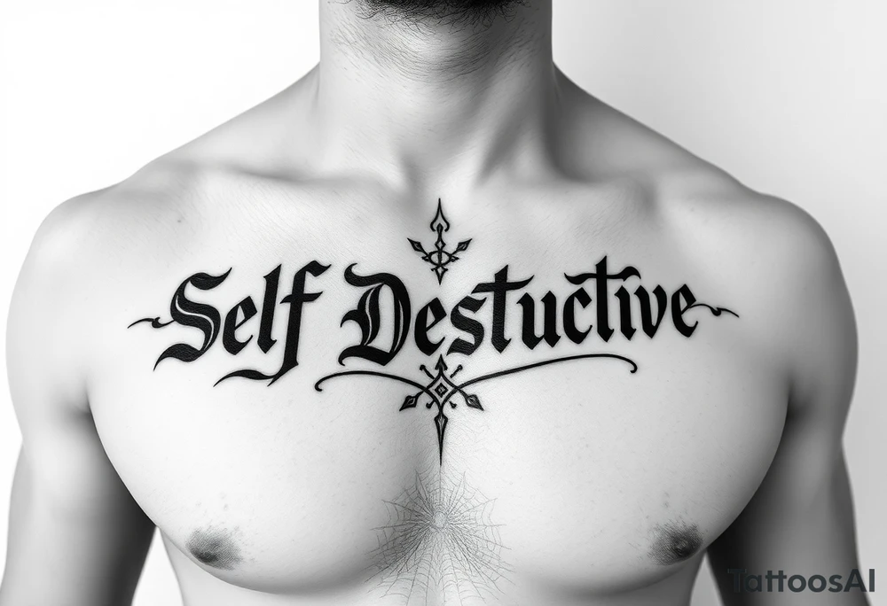 The words Self Destructive in Chicano/old English lettering across the chest tattoo idea