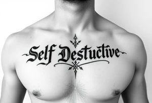 The words Self Destructive in Chicano/old English lettering across the chest tattoo idea