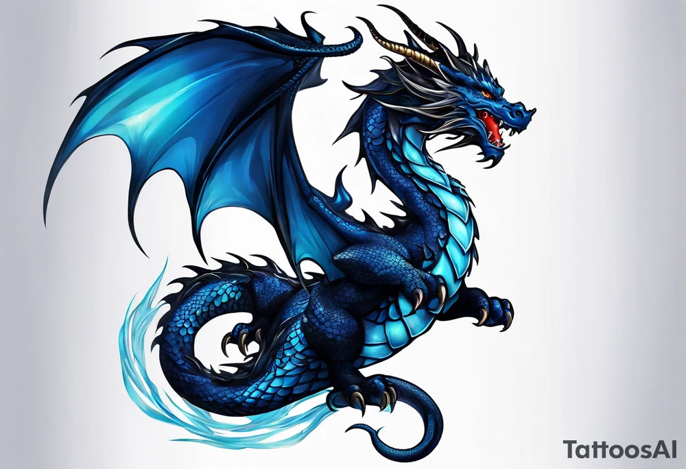 An epic floating dragon. Its long body coiling dynamically, with scales and horns detailed to create a sense of movement and strength. The dragon's main color is midnight blue, giving a vibrant depth and a mystical aura. This tattoo highlights the dragon’s fierce expression and sharp claws. tattoo idea