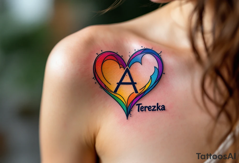 A heart with rainbow shading and Terezka written in playful bubble letters. tattoo idea