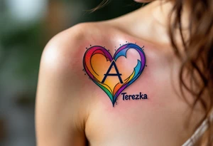 A heart with rainbow shading and Terezka written in playful bubble letters. tattoo idea
