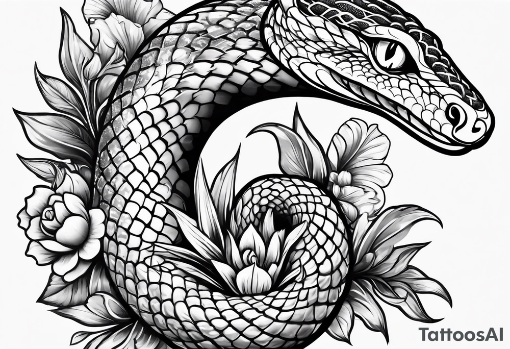 snakein the shape of an s with flowers tattoo idea