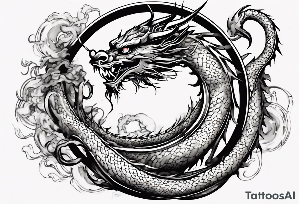 Chinese dragon in a circular shape with "02.03" written on its skin tattoo idea