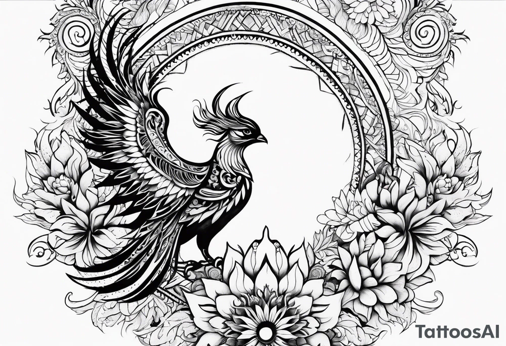 Tribal bohemian feminine impowering Phoenix rising with smoke, mandala sun, floral, lace background tattoo idea