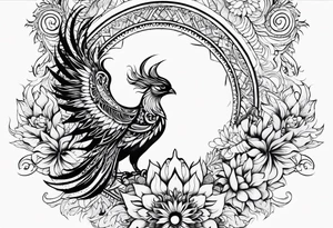 Tribal bohemian feminine impowering Phoenix rising with smoke, mandala sun, floral, lace background tattoo idea