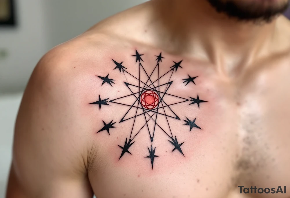 Bold black stars outline the Libra star constellation while a red-ink symbol from the center. tattoo idea