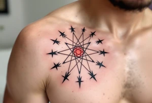 Bold black stars outline the Libra star constellation while a red-ink symbol from the center. tattoo idea
