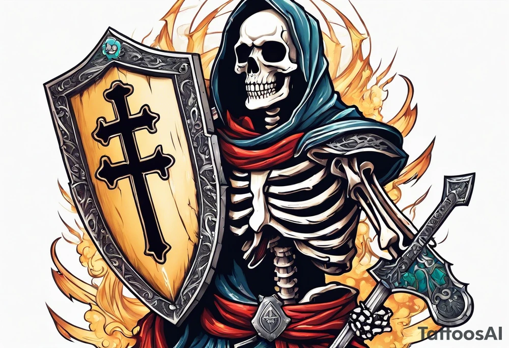 skeleton holding a shield with a cross on it tattoo idea