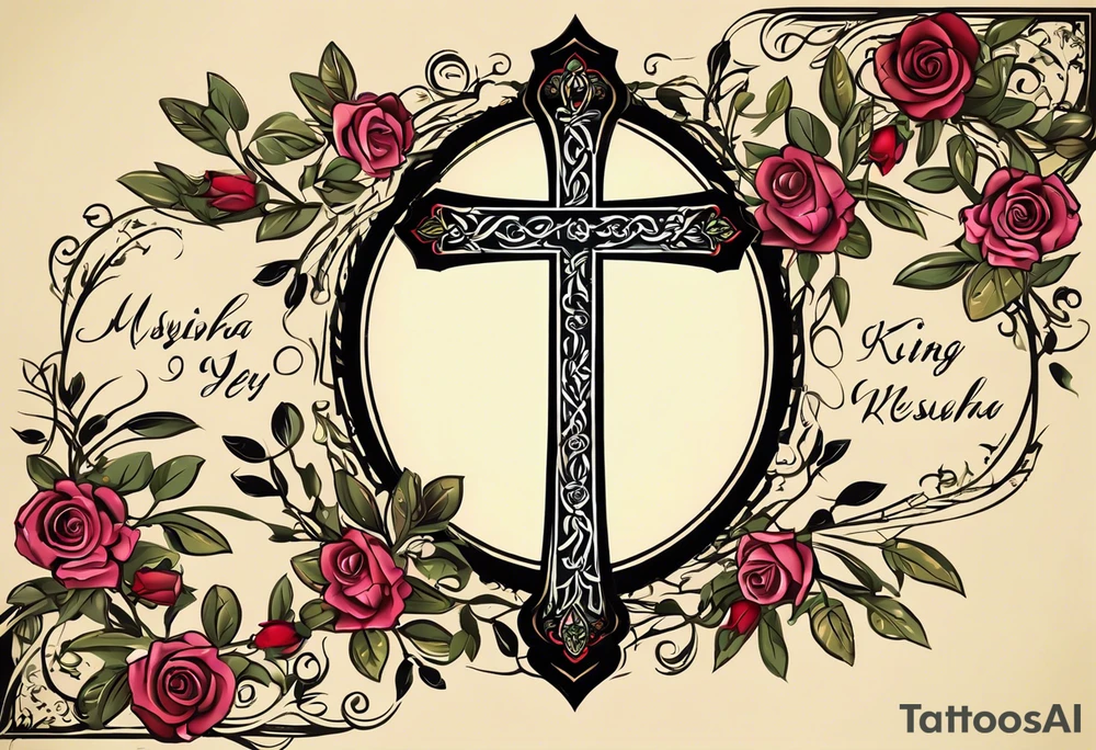 olive branch on wirst at bottom shaped like a manura lamp. A cross above that with smallers olive and rose branches and roses arount it with a crown above the cross on bothe sides small hebrew letters that say king of glory and the other says yeshua messiah in hebrew tattoo idea