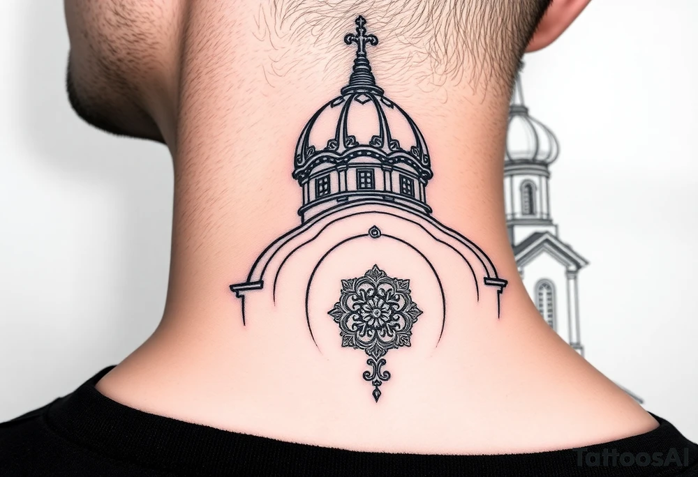 medium sized Russian orthodox church with bulb domes with a prominent russian orthodox mosaic tattoo idea