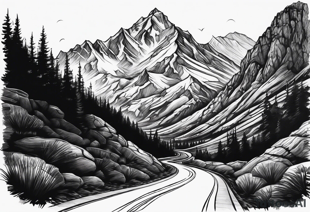 road tattoo into mountain tattoo idea