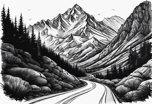 road tattoo into mountain tattoo idea