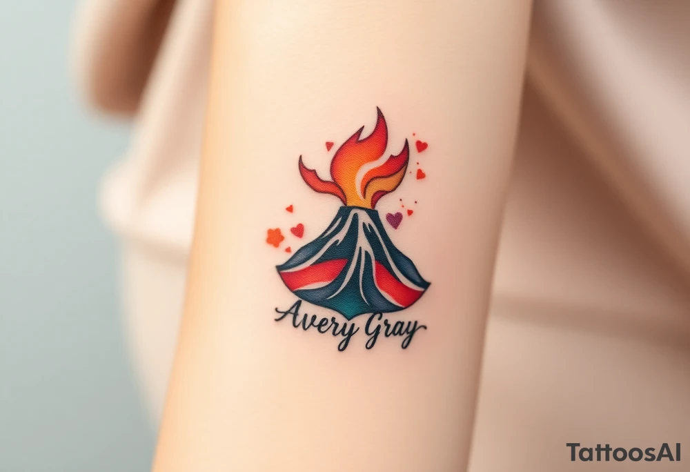 Female Geometric Volcano tattoo erupting in a heart with text Avery Gray tattoo idea