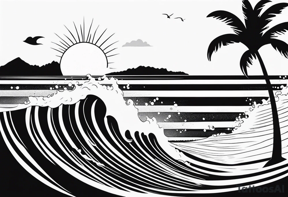Hawaian beach with a big sun and many small waves, only black and white. The shape should BE a surfboard tattoo idea