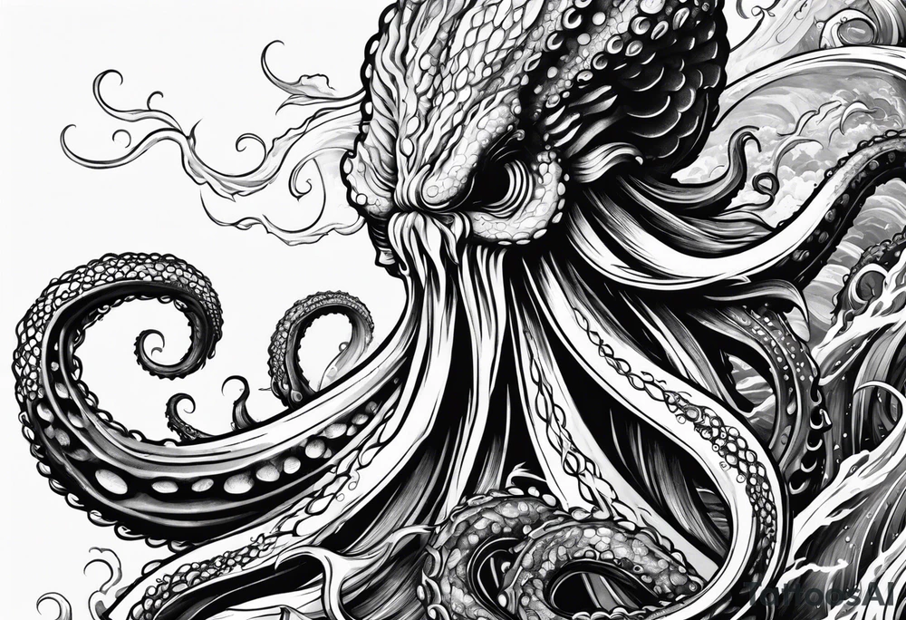 Kraken octopus wrapping tentacles Poseidon thrusting trident stormy sea tattoo idea