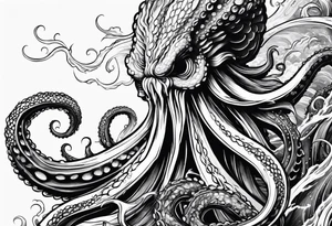 Kraken octopus wrapping tentacles Poseidon thrusting trident stormy sea tattoo idea