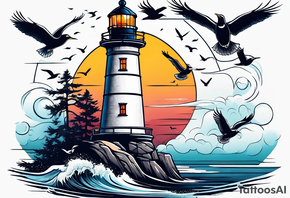 Lighthouse with birds tattoo idea