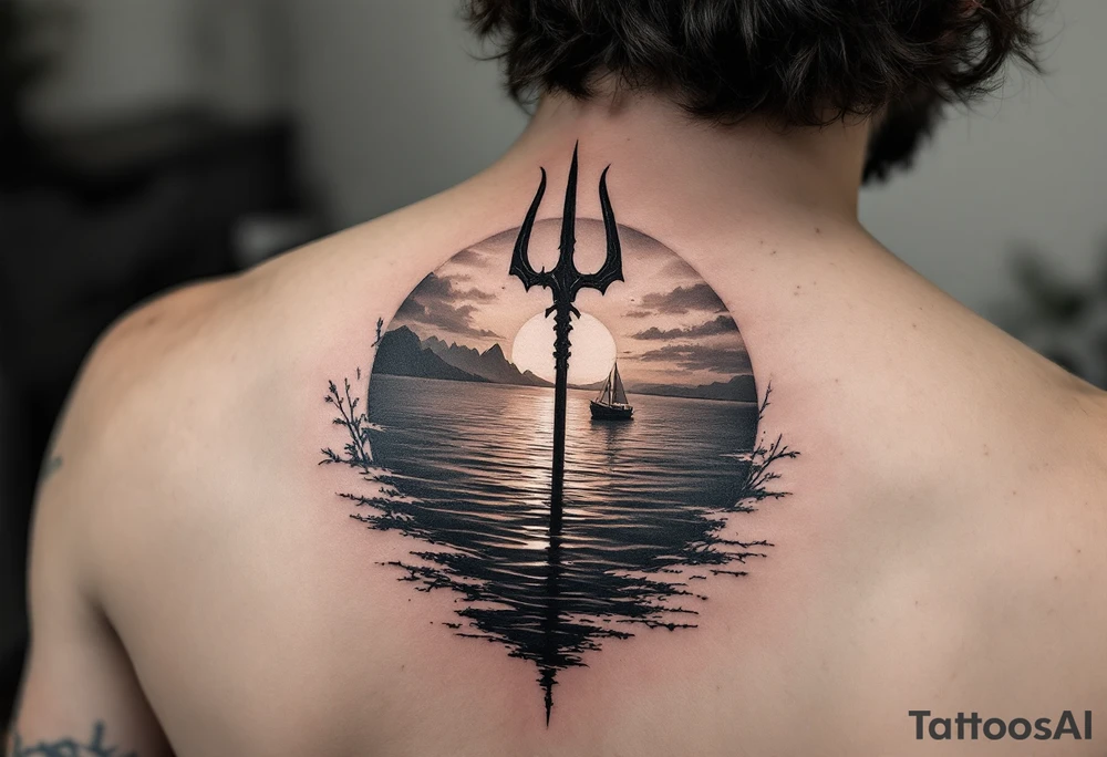 trident half way under calm water with sanger boat and sunset tattoo idea