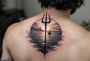 trident half way under calm water with sanger boat and sunset tattoo idea