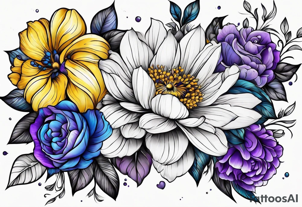 Blue yellow and purple flowers arm sleeve tattoo idea