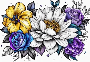 Blue yellow and purple flowers arm sleeve tattoo idea