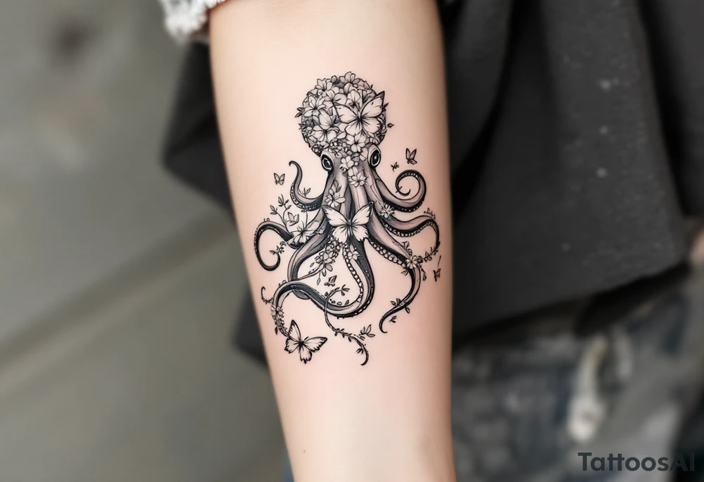 A simple fine-line tattoo design of a single octopus made entirely of flowers and butterflies. The octopus’s tentacles are shaped like flowing floral vines with leaves and petals, and its body is composed of overlapping blossoms and butterfly wings. Incorporate sacred geometry. The style is minimalist, elegant, and nature-inspired, with delicate black and grey lines, soft shading, and no outlines. No aquatic or marine elements besides the floral octopus. Simple. The design flows organically down the upper arm or shoulder, with a light, airy feel, minimalist tattoo idea