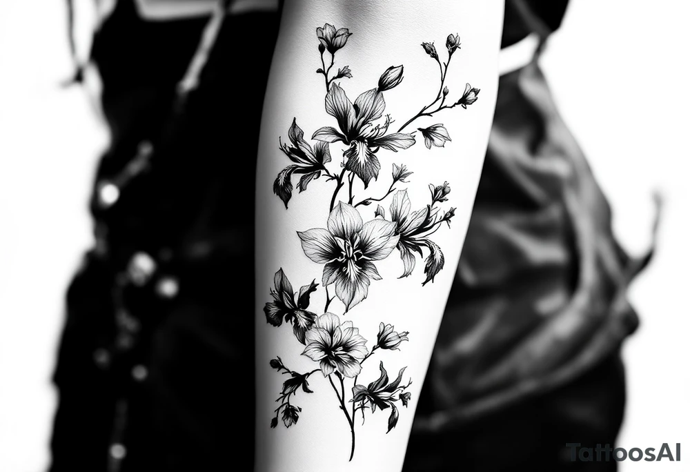 on forearm with Irises flowers, cherry blossom tattoo idea
