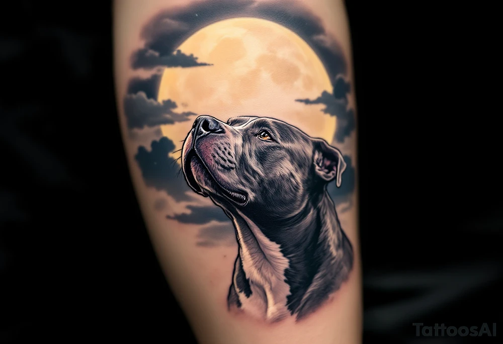 Pitbull looking up at the moon, blue-gray coat under a night sky scene, moon in pale yellow, clouds in navy and gray. tattoo idea