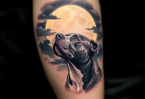 Pitbull looking up at the moon, blue-gray coat under a night sky scene, moon in pale yellow, clouds in navy and gray. tattoo idea