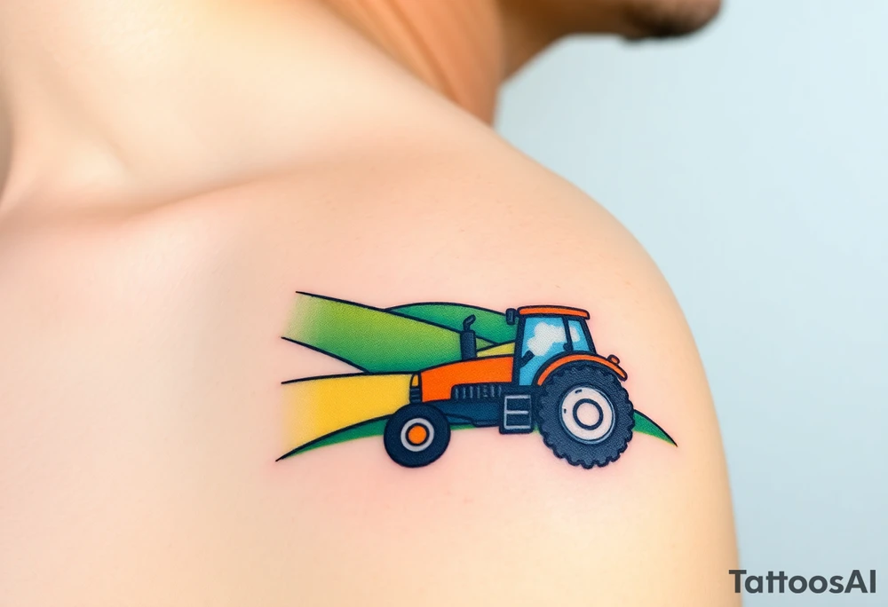 A tractor surrounded by rolling green hills, under a bright blue sky with white fluffy clouds tattoo idea