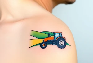 A tractor surrounded by rolling green hills, under a bright blue sky with white fluffy clouds tattoo idea