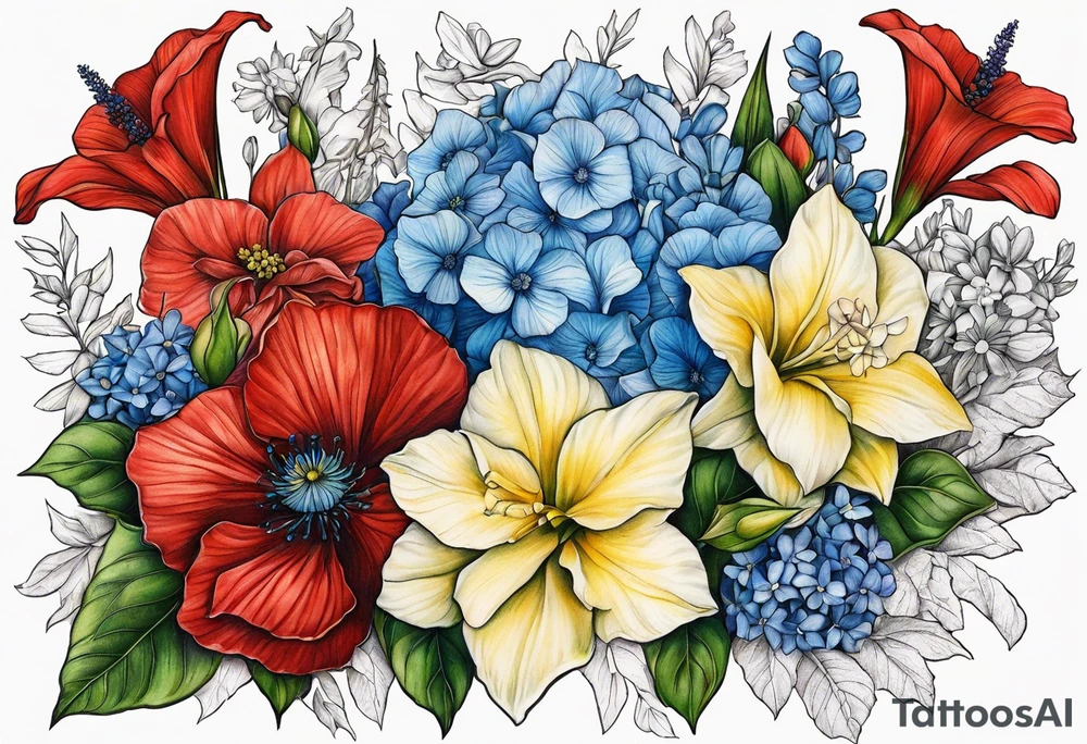 Floral Bouquet with blue hydrangea,Gladiolus, Poppy,Daisy,Sweet Pea,Narcissus, Poinsettia, and Holly tattoo idea