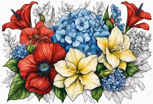 Floral Bouquet with blue hydrangea,Gladiolus, Poppy,Daisy,Sweet Pea,Narcissus, Poinsettia, and Holly tattoo idea