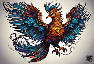 Tattoo: A powerful, majestic phoenix, depicted mid-flight or rising, with wings extended and feathers flowing. Deep shading and intricate details to bring out the texture and motion of the feathers. tattoo idea