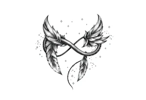 infinity symbol woven with floating feathers and stardust tattoo idea