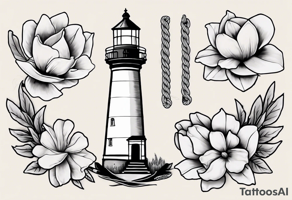 American traditional tattoo of a light house bordered by magnolia flowers and rope. Behind the light house is a periwinkle blue cancer ribbon tattoo idea