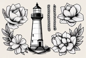 American traditional tattoo of a light house bordered by magnolia flowers and rope. Behind the light house is a periwinkle blue cancer ribbon tattoo idea