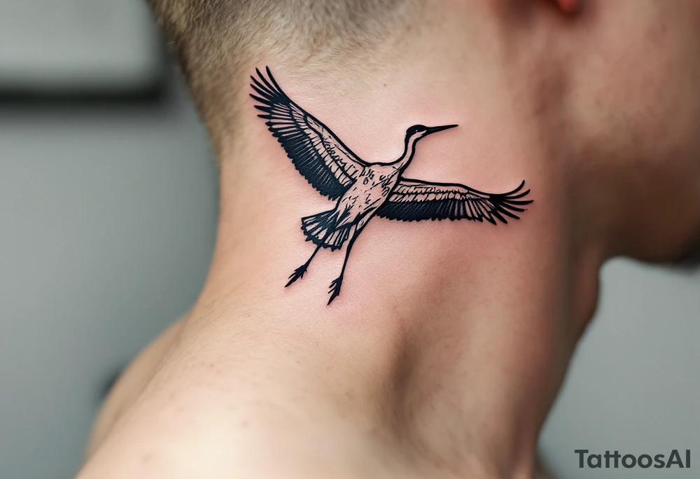 Stork silhouette flying above name Kamilka  and numbers "9.9.2019 v 14:10", inked in subtle muted tones. tattoo idea