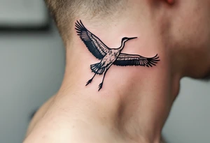 Stork silhouette flying above name Kamilka  and numbers "9.9.2019 v 14:10", inked in subtle muted tones. tattoo idea