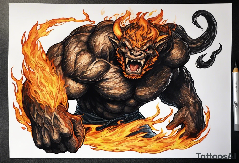 Balrog from lord of the rings flexing, wreathed in flame tattoo idea