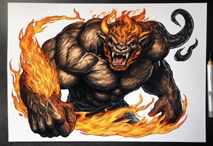 Balrog from lord of the rings flexing, wreathed in flame tattoo idea