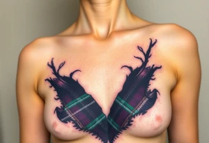 Lower chest

Dark Purple with green pink blue and white highlights tartan fabric with skin around edges peeling and wrapping around side of shoulder tattoo idea